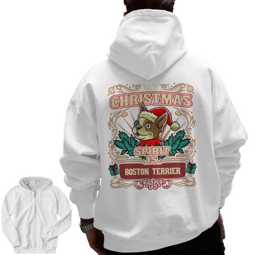 Boston Terrier My Christmas Spirit Dog Santa Claus X-Mas Men Zip Up Hoodie Back Print - Bostonterriersmerch.com