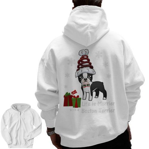Boston Terrier Christmas T Shirt-Life Is Merrier Premium Tri-Blend Men Zip Up Hoodie Back Print - Bostonterriersmerch.com