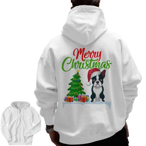 Boston Terrier Christmas Tree Lights Xmas Dog Lover Men Zip Up Hoodie Back Print - Bostonterriersmerch.com