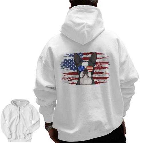 Boston Terrier Dad American Flag 4th Of July Dog Fathers Day Men Zip Up Hoodie Back Print - Bostonterriersmerch.com