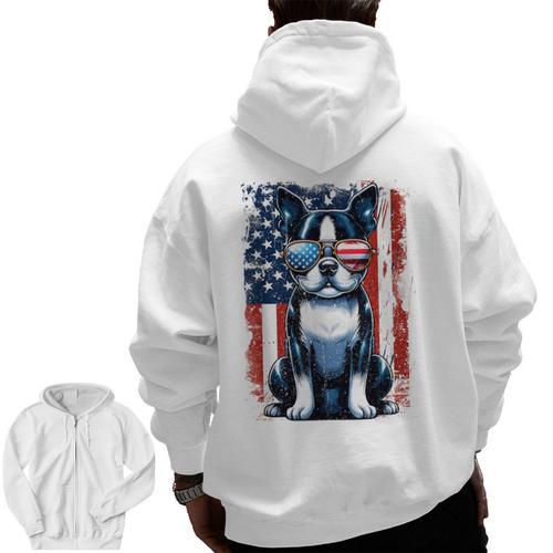 Boston Terrier Dog American USA US Flag Pets Vintage Outfit Men Zip Up Hoodie Back Print - Bostonterriersmerch.com