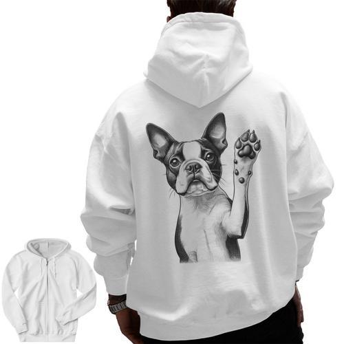 Boston Terrier Dog Raising Paw Idea Men Women Men Zip Up Hoodie Back Print - Bostonterriersmerch.com