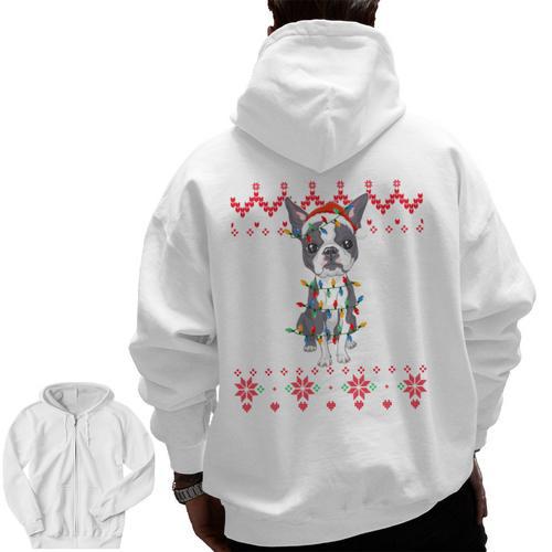 Boston Terrier Dog Santa Hat Men Kids Ugly Christmas Light Men Zip Up Hoodie Back Print - Bostonterriersmerch.com