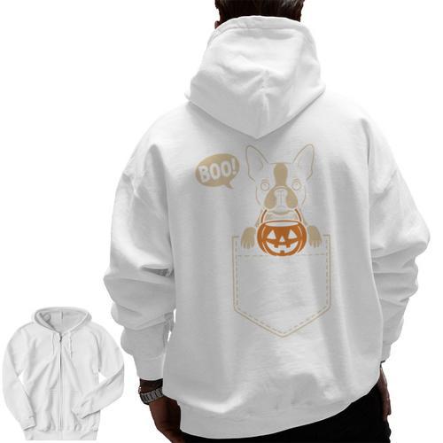 Boston Terrier Halloween Cute Bostie Dog Pocket Boo Men Zip Up Hoodie Back Print - Bostonterriersmerch.com