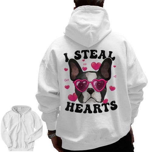 Boston Terrier Heart Glasses Girls Bostie Valentines Day Men Zip Up Hoodie Back Print - Bostonterriersmerch.com