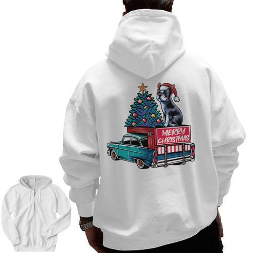 Boston Terrier Merry Christmas Tree Truck Santa Dog X-Mas Men Zip Up Hoodie Back Print - Bostonterriersmerch.com