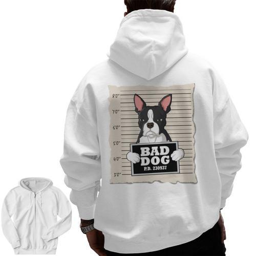 Boston Terrier Mug Shot Guilty Dog Men Zip Up Hoodie Back Print - Bostonterriersmerch.com