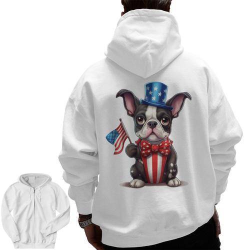 Boston Terrier Puppy Dog Holds His American Flag 4th Of July Men Zip Up Hoodie Back Print - Bostonterriersmerch.com