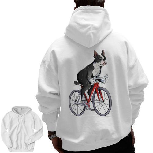 Boston Terrier Riding Bicycle Cute Bostie Biker Raglan Baseball Tee Men Zip Up Hoodie Back Print - Bostonterriersmerch.com