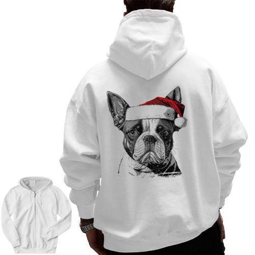 Boston Terrier Santa Claus Hat Merry Christmas Dog X-Mas Men Zip Up Hoodie Back Print - Bostonterriersmerch.com