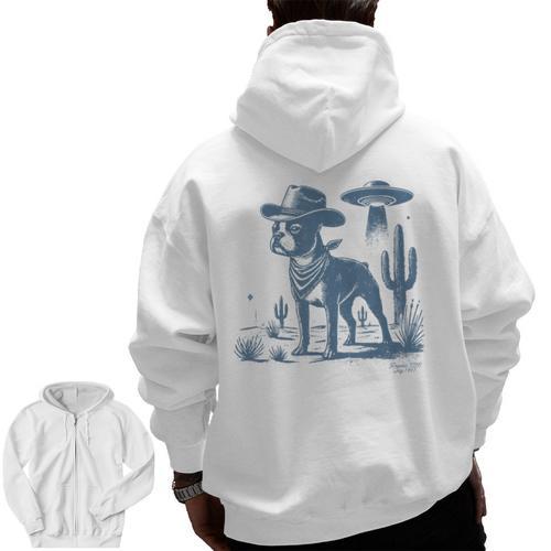 Boston Terrier UFO Cowboy Dog Dog Mom Dog Dad Alien Dog Men Zip Up Hoodie Back Print - Bostonterriersmerch.com