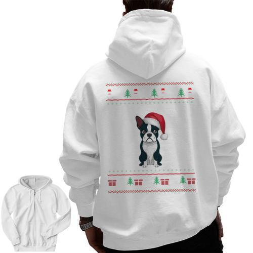 Boston Terrier Wearing Santa Hat Ugly Xmas Dog Lovers Men Zip Up Hoodie Back Print - Bostonterriersmerch.com