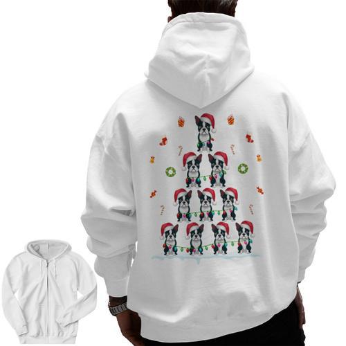 Boston Terrier Xmas Tree Lights For Men Women Boston Terrier Men Zip Up Hoodie Back Print - Bostonterriersmerch.com