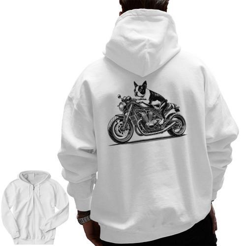 Cool Boston Terrier Riding a Motorcycle Biker Dog Lover For Men Women Kids Men Zip Up Hoodie Back Print - Bostonterriersmerch.com