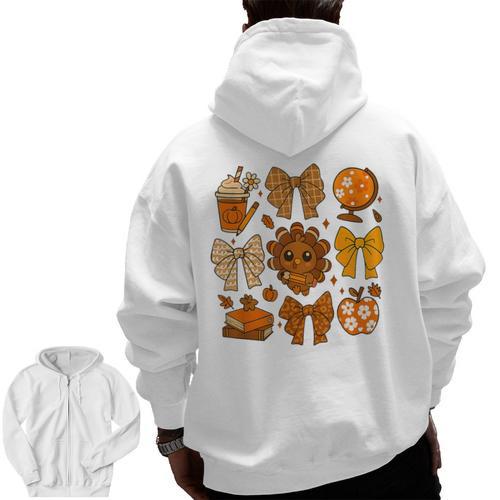 Coquette Teach Teacher Bows Thanksgiving Turkey Fall Autumn Men Zip Up Hoodie Back Print - teacherstshirts.com DE