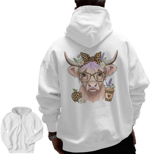 Cute Floral Highland Cow Back To School For Women Teacher Men Zip Up Hoodie Back Print - teacherstshirts.com CA