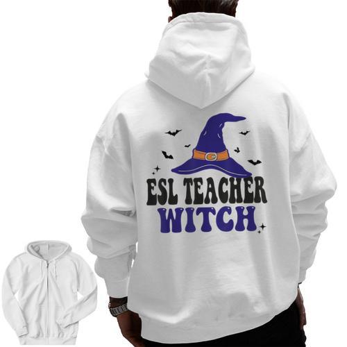 ESL Teacher Witch Halloween Matching Group Costume Men Zip Up Hoodie Back Print - teacherstshirts.com AU