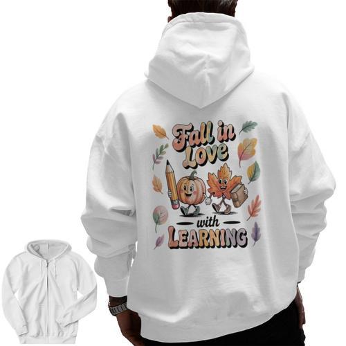 Fall In Love With Learning Teacher Autumn School Men Zip Up Hoodie Back Print - teacherstshirts.com