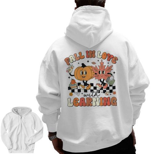 Fall In Love With Learning Teacher Retro Thanksgiving Men Zip Up Hoodie Back Print - teacherstshirts.com UK