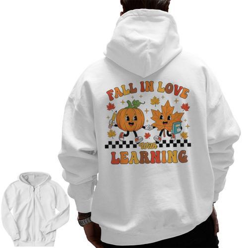 Fall In Love With Learning Teacher Student Autumn Pumpkin Men Zip Up Hoodie Back Print - teacherstshirts.com DE