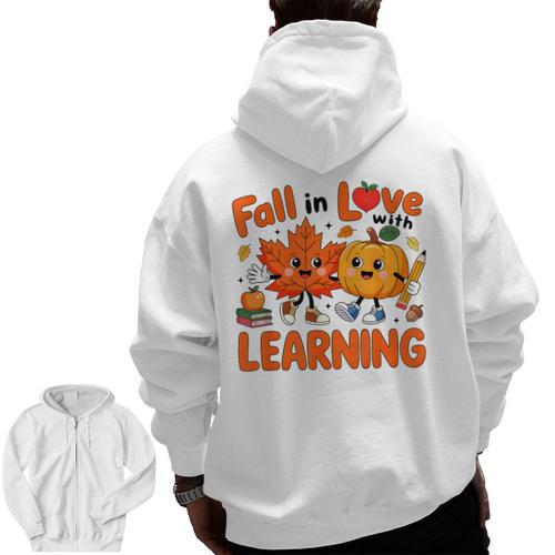 Fall In Love With Learning Thanksgiving Teacher Student Kids Men Zip Up Hoodie Back Print - teacherstshirts.com CA