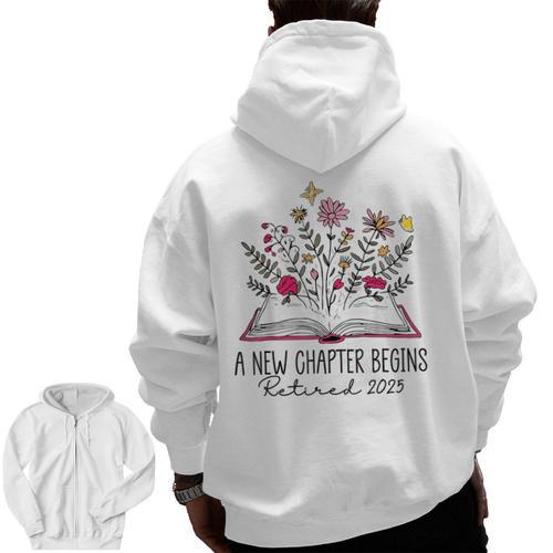 Floral Book a New Chapter Begins Retired Retirement Teacher Men Zip Up Hoodie Back Print - teacherstshirts.com