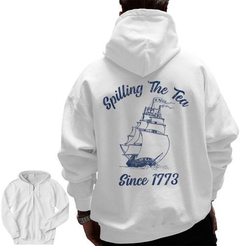 Fun 4th Of July Spilling The Tea Since 1773 History Teacher Men Zip Up Hoodie Back Print - teacherstshirts.com UK