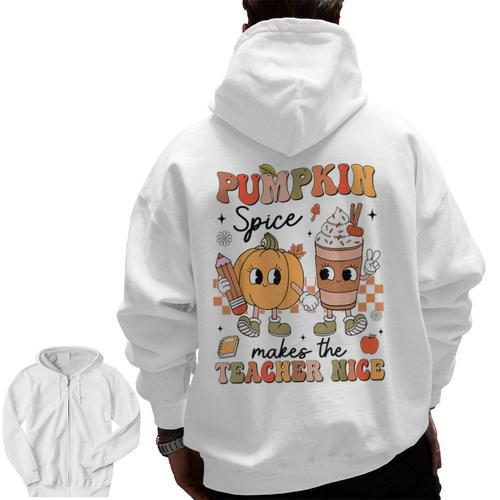 Groovy Pumpkin Spice Makes Teacher Nice Fall Thanksgiving Men Zip Up Hoodie Back Print - teacherstshirts.com UK