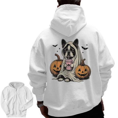 Halloween Boston Terrier Ghost Men Zip Up Hoodie Back Print - Bostonterriersmerch.com