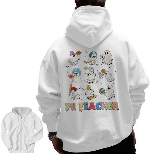 Halloween PE Teacher Spooky Physical Education Teacher Men Zip Up Hoodie Back Print - teacherstshirts.com CA