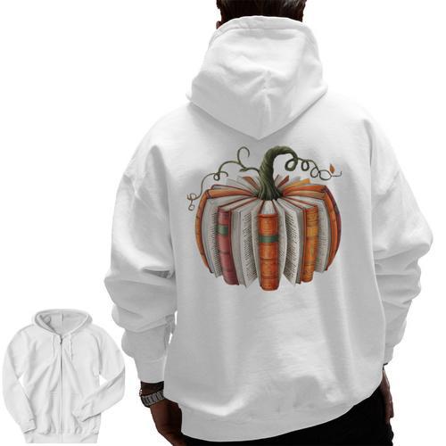 Halloween Teacher Librarians Fall Book Pumpkin Retro Reading Men Zip Up Hoodie Back Print - teacherstshirts.com AU