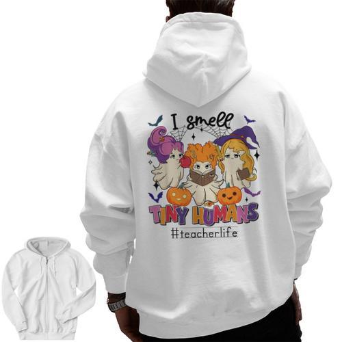 Halloween Teacher Smell a Tiny Human Ghost Spooky Season Men Zip Up Hoodie Back Print - teacherstshirts.com UK