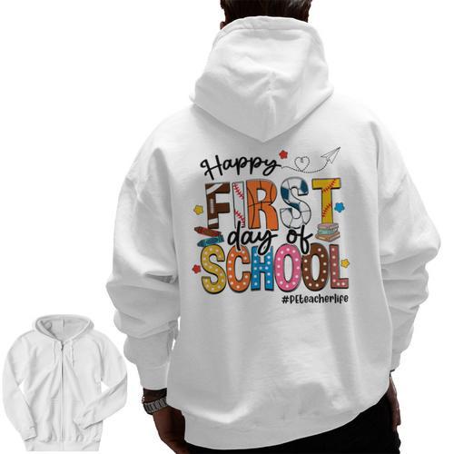 Happy First Day Of School PE Teacher Life Back To School Men Zip Up Hoodie Back Print - teacherstshirts.com
