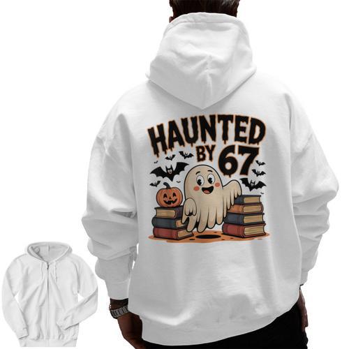 Haunted By 67 Teacher Ghost Pumpkin Halloween Costum Men Zip Up Hoodie Back Print - teacherstshirts.com AU