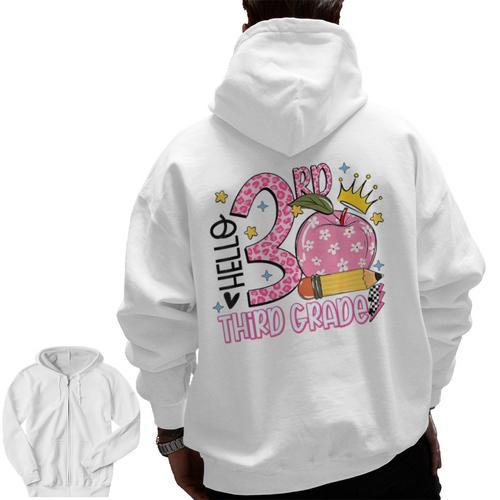 Hello 3rd Third Grade Back To School Pink Leopard Teacher Men Zip Up Hoodie Back Print - teacherstshirts.com