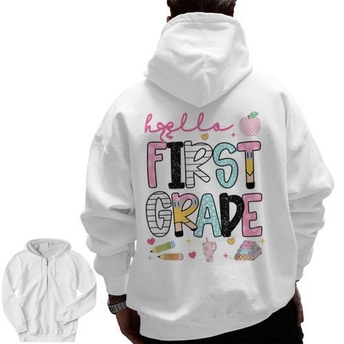 Hello First Grade Teacher Coquette Pencil Bow Back To School Men Zip Up Hoodie Back Print - teacherstshirts.com DE