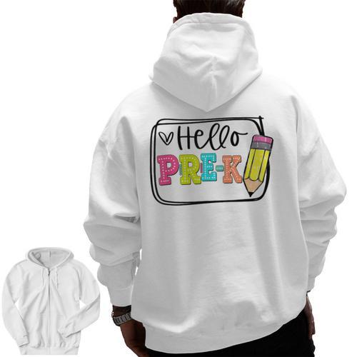 Hello Pre-K Team Preschool Teacher Kids Back To School Men Zip Up Hoodie Back Print - teacherstshirts.com AU