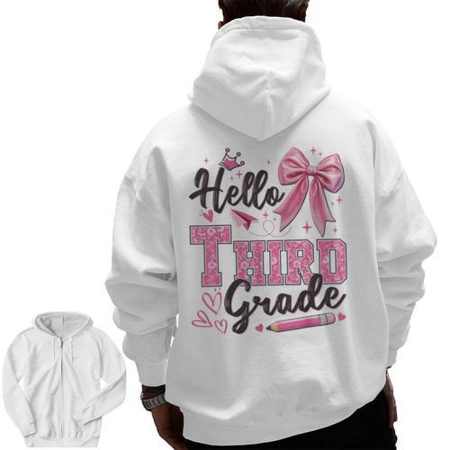 Hello Third Grade First Day Of School Coquette Teacher Girl Men Zip Up Hoodie Back Print - teacherstshirts.com AU