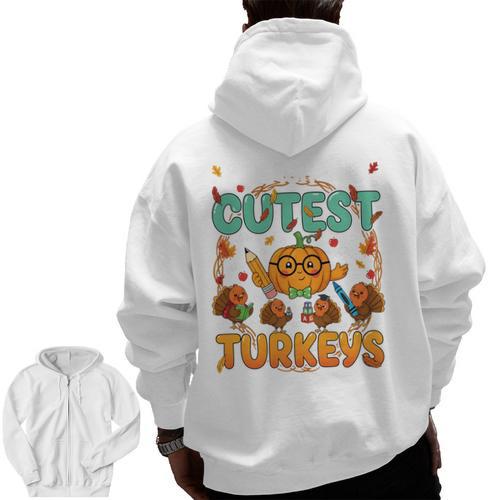 Humor I Teach The Cutest Turkeys Thanksgiving Teacher Men Zip Up Hoodie Back Print - teacherstshirts.com CA