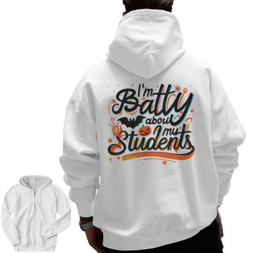 I'm Batty About My Students Watercolor Bat Teacher Halloween Men Zip Up Hoodie Back Print - teacherstshirts.com AU