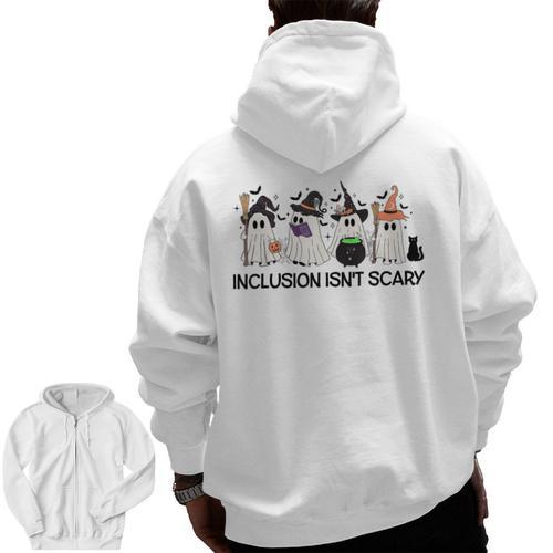 Inclusion Isn't Scary Boo Ghost Halloween Sped Teacher Men Zip Up Hoodie Back Print - teacherstshirts.com DE