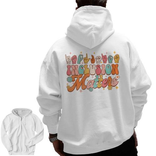 Inclusion Matters Groovy American Sign Language ASL Teacher For Men Women Men Zip Up Hoodie Back Print - teacherstshirts.com UK