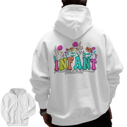 Infant Teacher Floral First Day Back To School Teaching Men Zip Up Hoodie Back Print - teacherstshirts.com CA