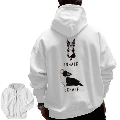 Inhale Exhale Yoga Boston Terrier Tshirt Men Zip Up Hoodie Back Print - Bostonterriersmerch.com CA