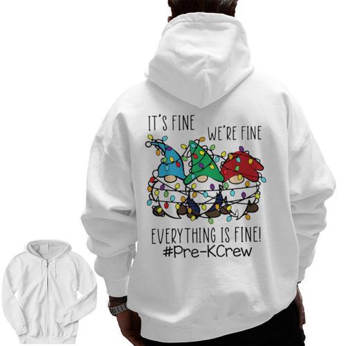 It's Fine We'Re Fine Gnome Pre-K Teacher Christmas Light For Men Women Men Zip Up Hoodie Back Print - teacherstshirts.com AU