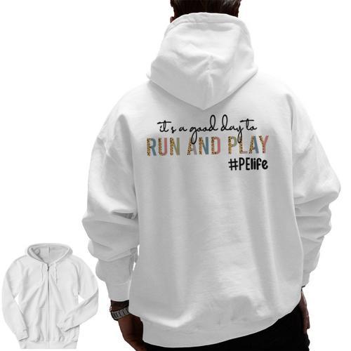 It's a Good Day To Run And Play Leopard PE Teacher Life Men Zip Up Hoodie Back Print - teacherstshirts.com UK