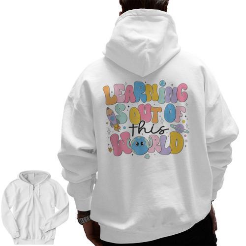 Learning Is Out Of This World Solar System Science Teacher Men Zip Up Hoodie Back Print - teacherstshirts.com