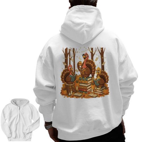 Librarian Turkey Reading Book Fall Thanksgiving Teacher Book Men Zip Up Hoodie Back Print - teacherstshirts.com AU
