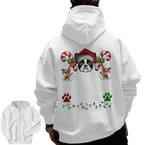 Most Likely Decorate Her Boston Terrier Dog Ugly Christmas Men Zip Up Hoodie Back Print - Bostonterriersmerch.com