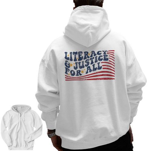 Literacy Justice For All Teacher Men Zip Up Hoodie Back Print - teacherstshirts.com AU
